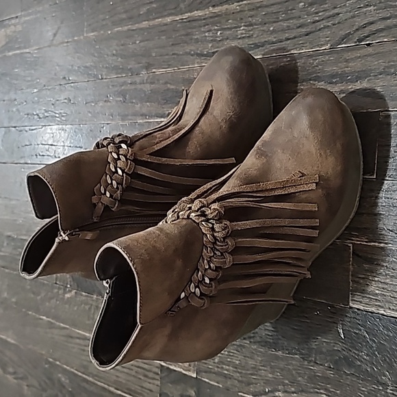 Sbicca Shoes - SBICCA fringe wedge bootie brown leather sz 9